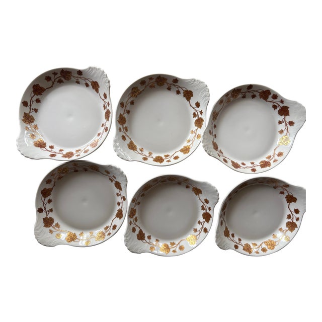 Porcelaine De Paris Gold Ivy Leaf Lidded Gratin Dishes - Antique Neiman Marcus -Set of 6 For Sale