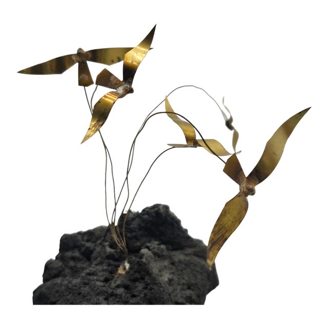Brutalist Brass Bird Sculpture on Lava Rock — Mid-Century Studio Metalwork For Sale