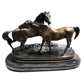 Miniature French Patinated Bronze Figure of Two Horses by P. J. Mene For Sale