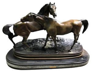 Miniature French Patinated Bronze Figure of Two Horses by P. J. Mene