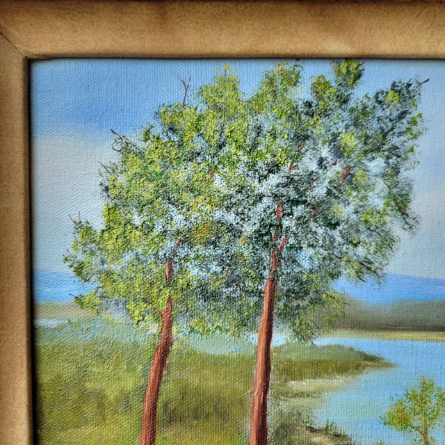 Brown Vintage Original Acrylic Framed Still Life Painting Landscape Serene Yucca Trees River For Sale - Image 8 of 18