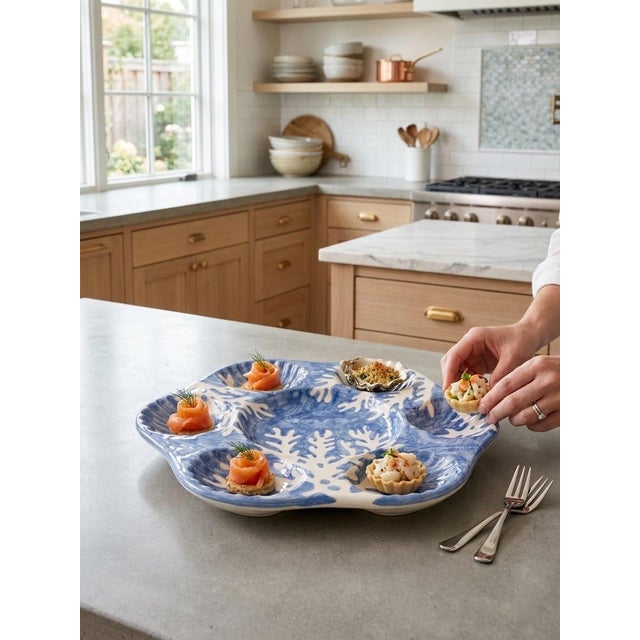 2000 - 2009 Italian Les Ottomans Hand-Painted Blue Coral Oyster Plate For Sale - Image 5 of 7