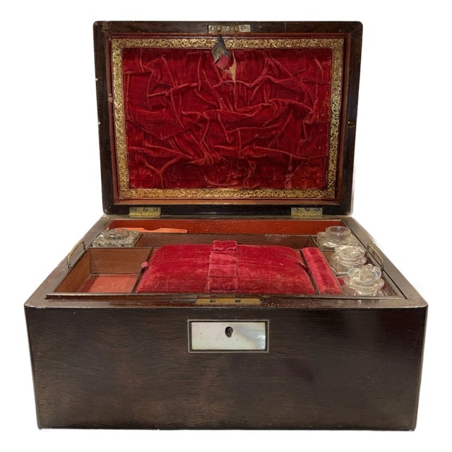 19th Century English Writing or Sewing Box With Pearl Inlay & Hidden Compartment For Sale