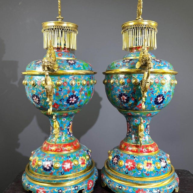 Late 20th Century Pair of Gilt Bronze Cloisonné Enamel Palace Lantern Incense Burners For Sale - Image 10 of 10