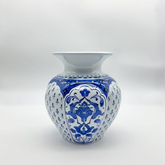 Ceramic Handmade Ceramic Vase (20cm) – Classic Blue & White Floral Medallions – Traditional Iznik Decor For Sale - Image 7 of 9