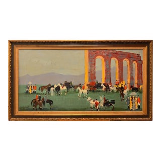 Mid-Century Modern Equestrian Gathering Oil Painting in Gilt Frame, Circa 1950s–1960s For Sale