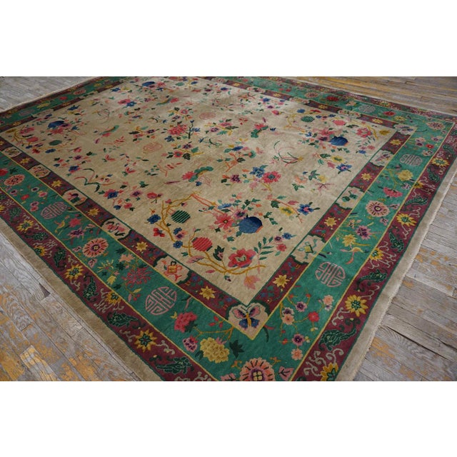Early 20th Century 1920s Ivory Green Floral Modern Antique Chinese Art Deco Rug 9'2" X 11'7" Handknotted Wool Carpet For Sale - Image 5 of 15