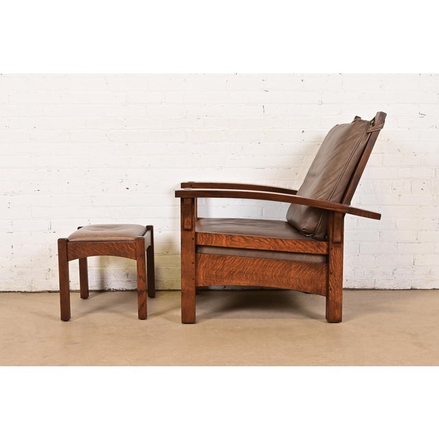 Gustav Stickley Mission Oak Arts & Crafts Bow Arm Reclining Morris Lounge Chair With Ottoman by Warren Hile Studio, Newly Refinished For Sale - Image 9 of 12
