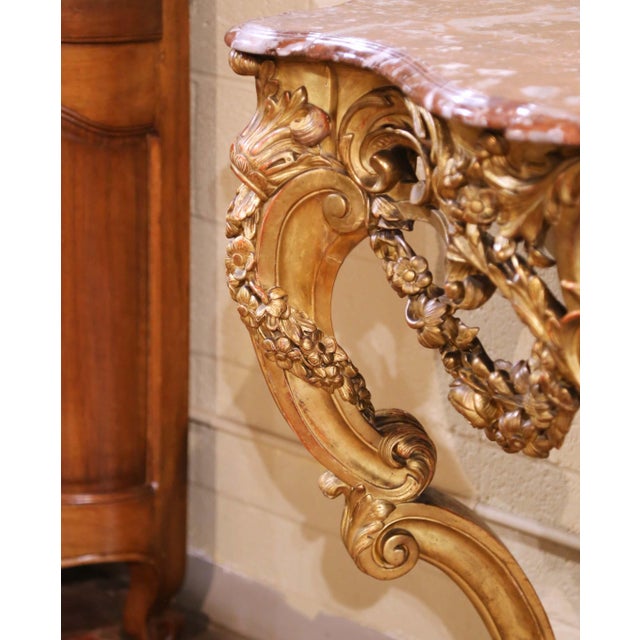 Early 19th Century French Louis XV Rococo Giltwood Console With Rouge Marble Top For Sale - Image 10 of 18