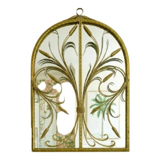 Vintage Lime Green Metal Tole Palm Leaf Sheaf of Wheat Regency Oval Wall Mirror For Sale