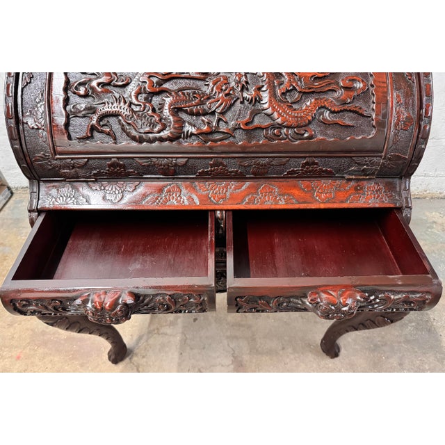 Brown Early 20th Century Heavily Carved Japanese/Asian Secretary Desk With Volcanos and Dragons For Sale - Image 8 of 15