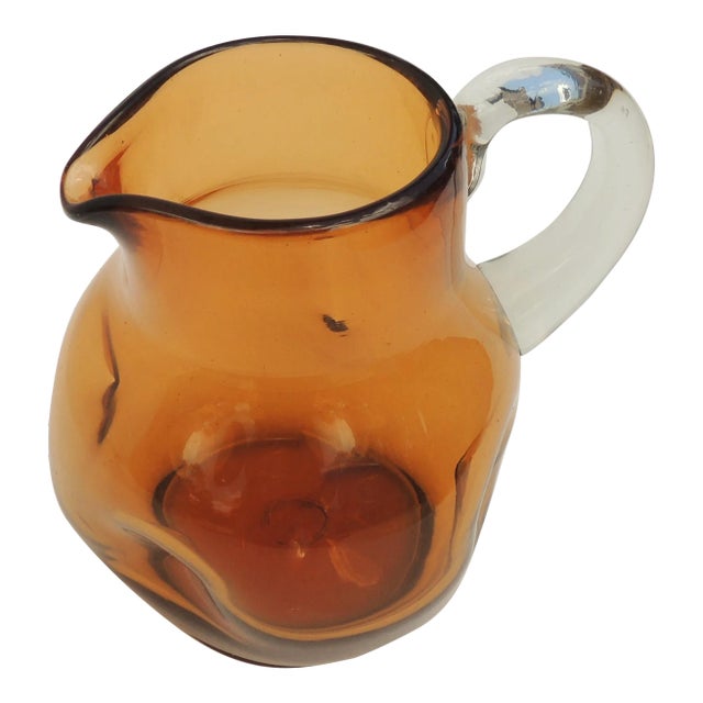 Vintage Mid Century Blenko Glass Pinched Amber Pitcher W/ Clear Applied Handle For Sale