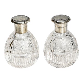 Exceptional Pair Antique English Cut Crystal Perfume Bottles Sterling Silver & Blue Enamel Tops Edwardian Vanity Set Home Decor For Sale