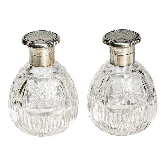 Exceptional Pair Antique English Cut Crystal Perfume Bottles Sterling Silver & Blue Enamel Tops Edwardian Vanity Set Home Decor For Sale