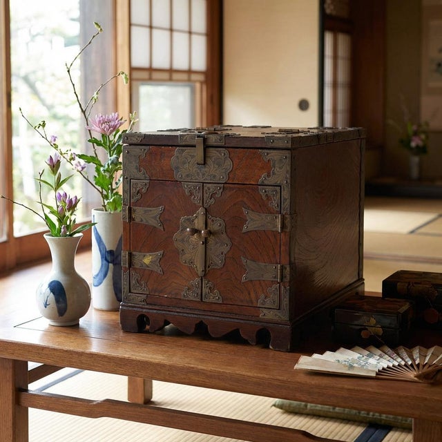 Antique Japanese Kyōdai-bako in keyaki wood with mirror, Meiji/Taishō period (c. 1890-1925). Dimensions: Length: 24 cm...