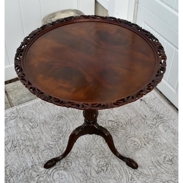 Brown Mahogany Tilt Top Table Vintage Chippendale Pie Crust Edge Pedestal 3 Leg For Sale - Image 8 of 13