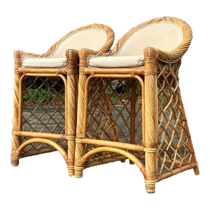 Vintage Coastal Trellis Rattan Bar Stools - a Pair