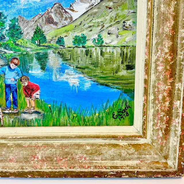 Wood 1978 Vintage Impressionist Original Oil Painting of Boys Fishing by E. Sack. For Sale - Image 7 of 10