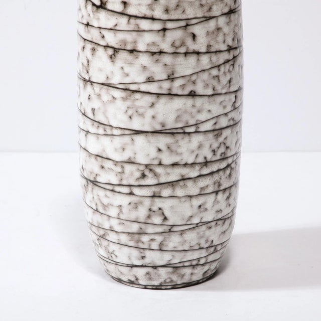 Mid-Century Modernist White and Earth Toned Horizontally Striated Ceramic Vase For Sale In New York - Image 6 of 13