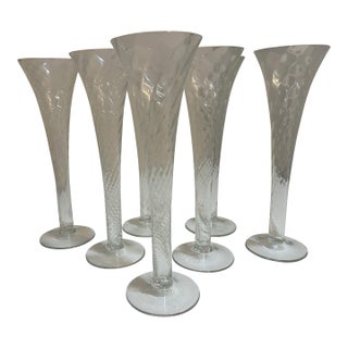 Set of 7 Champagne Flutes Mouth Blown Glass W/ Hollow Stem For Sale