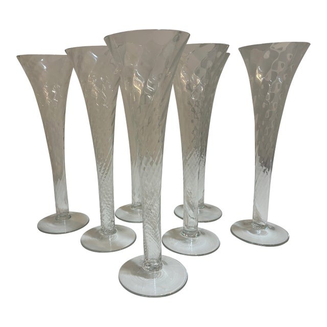 Set of 7 Champagne Flutes Mouth Blown Glass W/ Hollow Stem For Sale