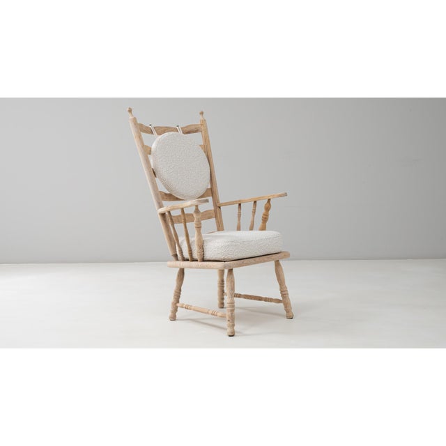20th Century French Spindle-Back Oak Armchair with Bouclé Cushions For Sale - Image 9 of 18