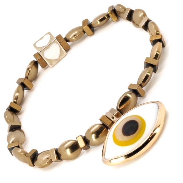 Hematite Stone Yellow Evil Eye Charm Love Bracelet For Sale - Image 4 of 7