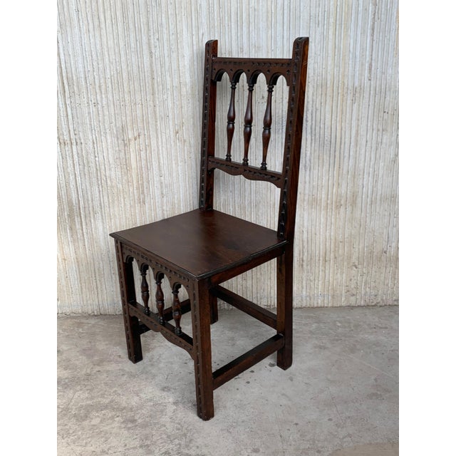 Spanish Early 20th Set of Four Spanish Carved Chairs with Wood Seat For Sale - Image 3 of 18
