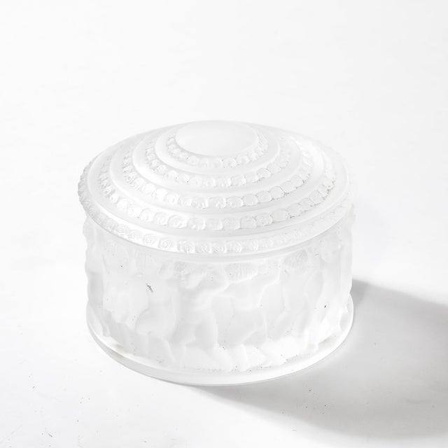 Off-white Mid-Century Modernist Crystal Les Enfants Lidded Powder Box Signed Lalique For Sale - Image 8 of 18