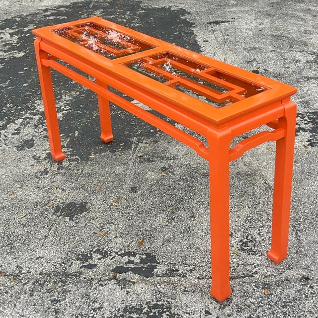 Traditional Late 20th Century Vintage Regency Orange Lacquered Fretwork Console Table For Sale - Image 3 of 8