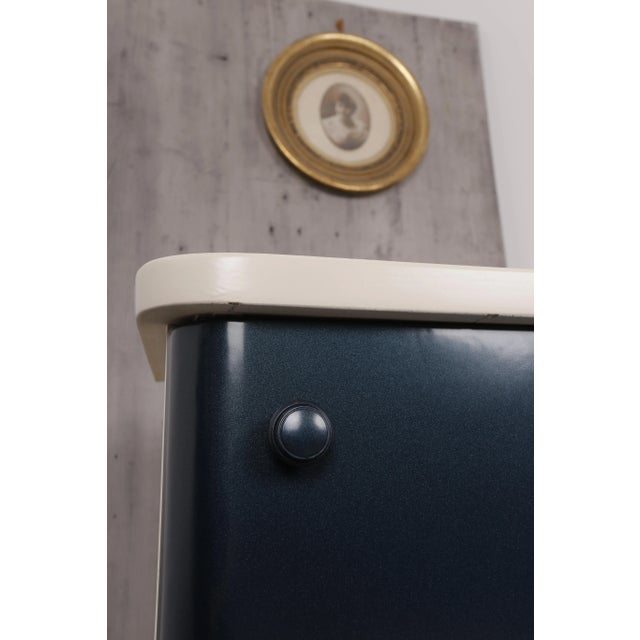 - Single door Hungarian Art Deco nightstand circa 1930 - Beautiful restored condition - Metal painted dark blue and cream...