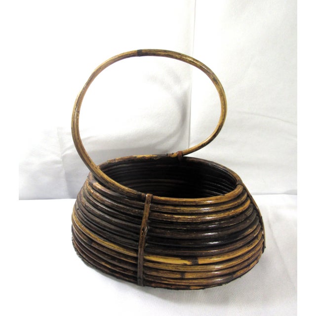Rustic Vintage Rattan Bent Handle Basket For Sale - Image 4 of 11