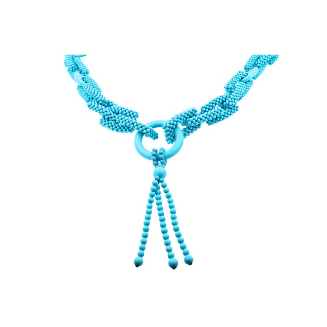 Contemporary Teal Blue Turquoise Round Fancy Beads Long Tie Unique Tassel Statement Necklace For Sale - Image 3 of 10