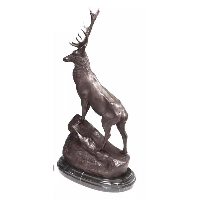 French Patinated, Large, After Jules Moigniez, Marble Base, Bronze Stag Sculptures, Set of 2!! For Sale - Image 3 of 10