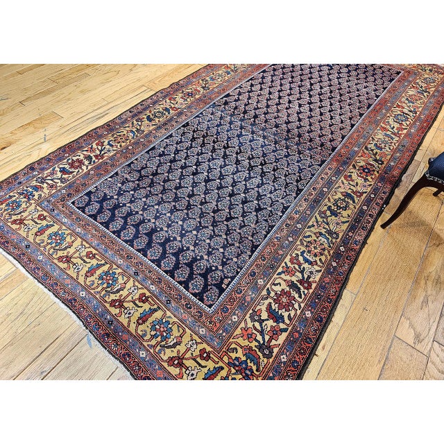 Navy Blue Antique Persian Malayer Gallery Rug, Hand-Knotted Wool, Paisley Pattern, 6x11, Navy & Saffron Yellow For Sale - Image 8 of 18