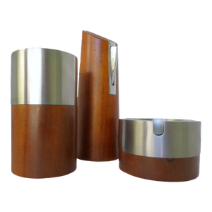 Set of 3 André Ricard Designer Oslo Wood/Stainless Smoking Set, Flamagas, Spain 1967