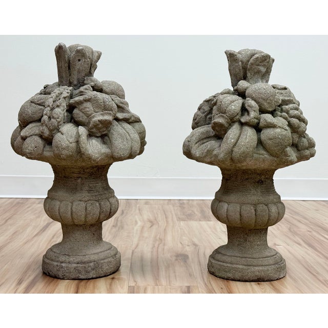 Vintage Concrete Garden Fruit Baskets Statues Urns, a Pair For Sale - Image 4 of 14