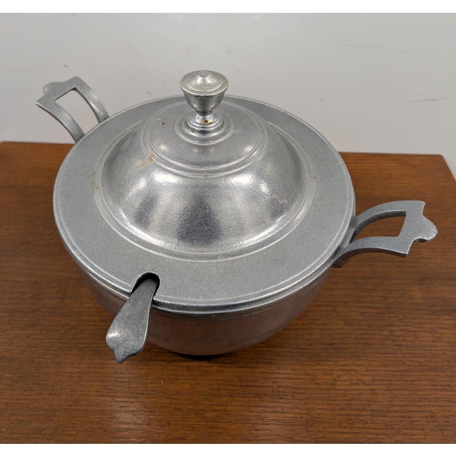 1960s Wilton Armetale Plough Tavern Hollowware Satin Pewter Soup Tureen Lid & Ladle For Sale - Image 4 of 6