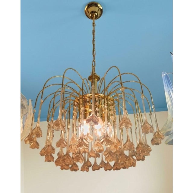 1960s Vintage Gold Rain Chandelier with Handmade Murano Glass Pink Flowers, Italy, 1960 For Sale - Image 5 of 16