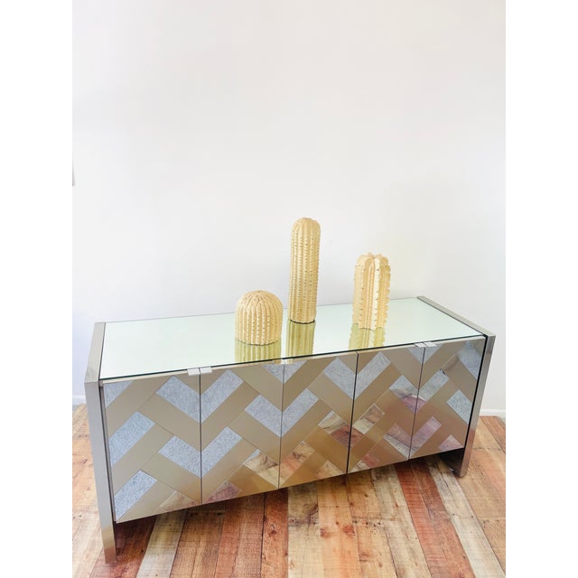 Vintage 1970s Ello Mirror & Brushed Metal Metal Mid Century Modern 5 Door Credenza Cabinet For Sale - Image 10 of 15