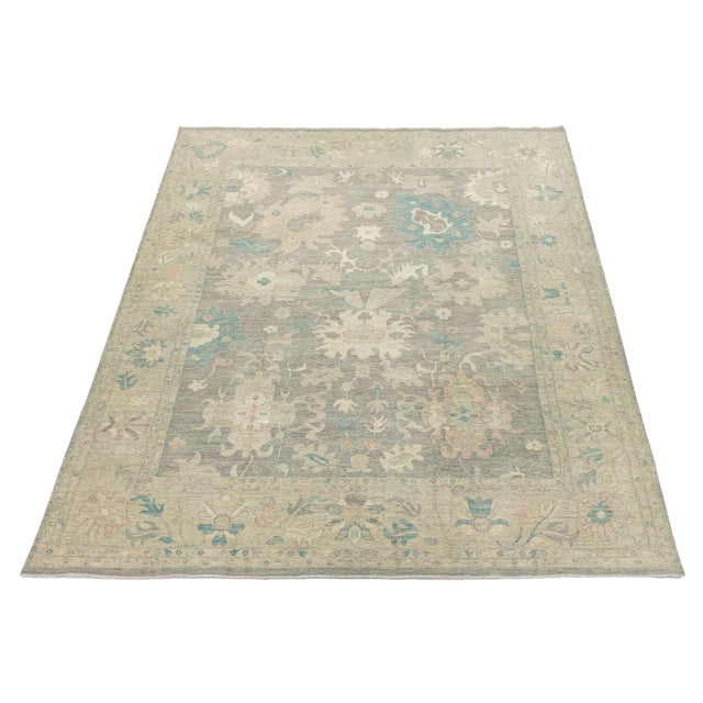 Gray 11x16 Modern Oushak Style Hand-Knotted Wool Area Rug in Taupe, Soft Teal & Blush For Sale - Image 8 of 11