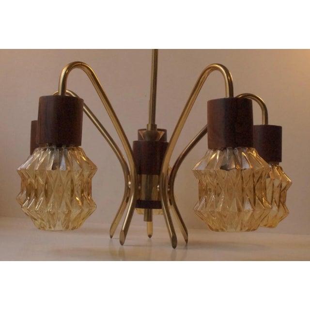 Mid-Century Danish Rosewood, Brass & Glass Spider Chandelier, 1950s For Sale - Image 4 of 7