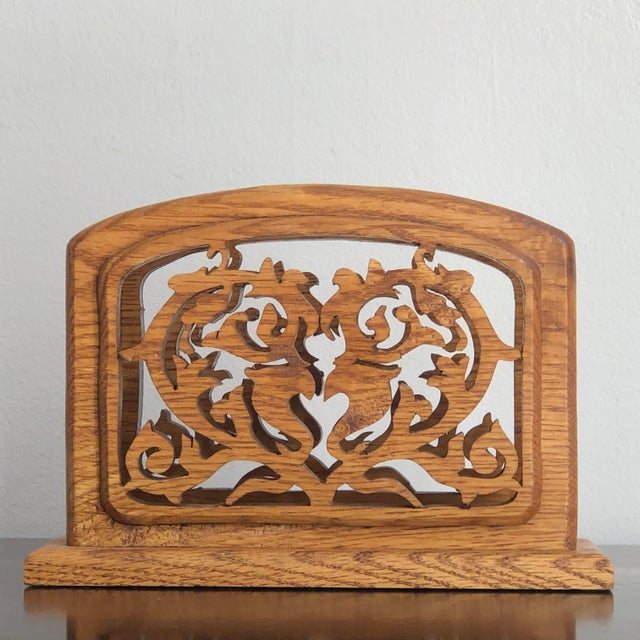Offering a vintage handcrafted wood napkin holder. Beautiful artistry and solidly built. Can also be used as a letter holder.