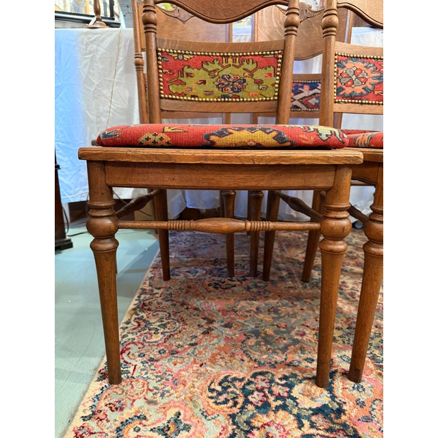 Wood Set of Six, Antique, Oak Dining Chairs Covered With Ralph Lauren Kilim Fabric, Early 1900s For Sale - Image 7 of 11
