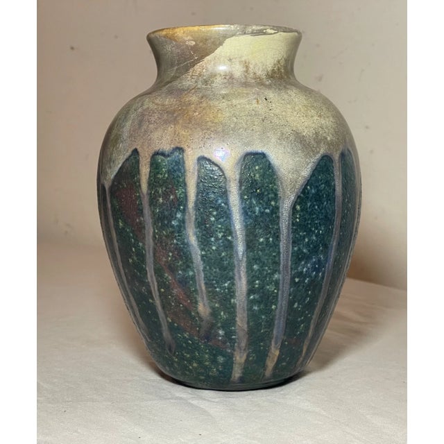 1980s Vintage Handmade Raku Green Iridescent Drip Glaze Signed Blackware Pottery Vase For Sale - Image 5 of 15