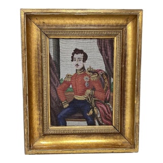 19th C Micro Beaded on Canvas. Portrait of Royal Personage in Military Uniform. For Sale