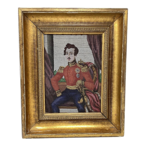 19th C Micro Beaded on Canvas. Portrait of Royal Personage in Military Uniform.