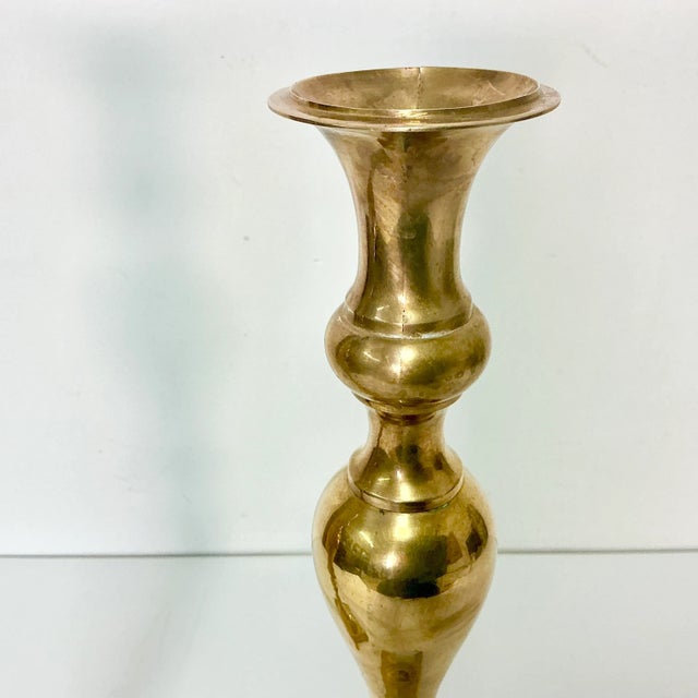 Mid-Century Boho Chic Arts & Crafts Brass Alter Candlestick Holders - A Pair For Sale - Image 9 of 11