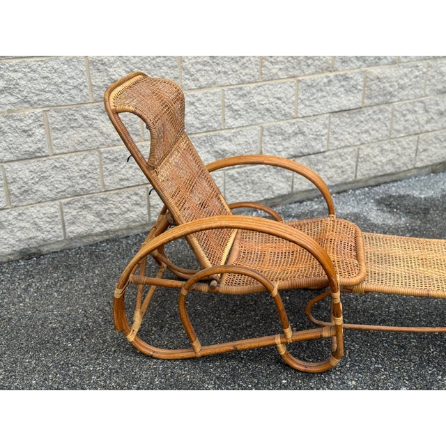 Vintage Rattan Reclining Lounge Chair With Pull-Out Ottoman For Sale - Image 4 of 11