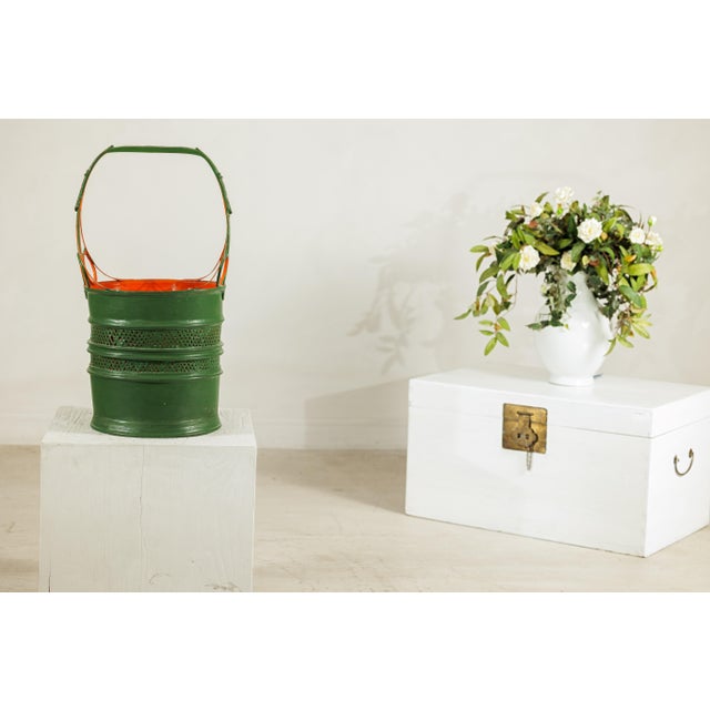 Antique Lacquered Metal Basket with Openwork Design in Green and Orange Finish For Sale - Image 16 of 18